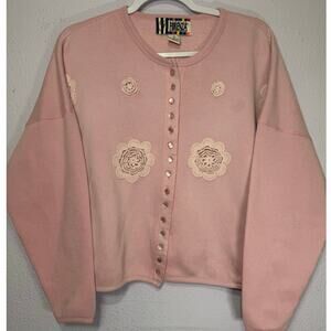Vintage Forenza Cardigan Pink Floral Rosette Coquette Grandmacore Shabby Chic L